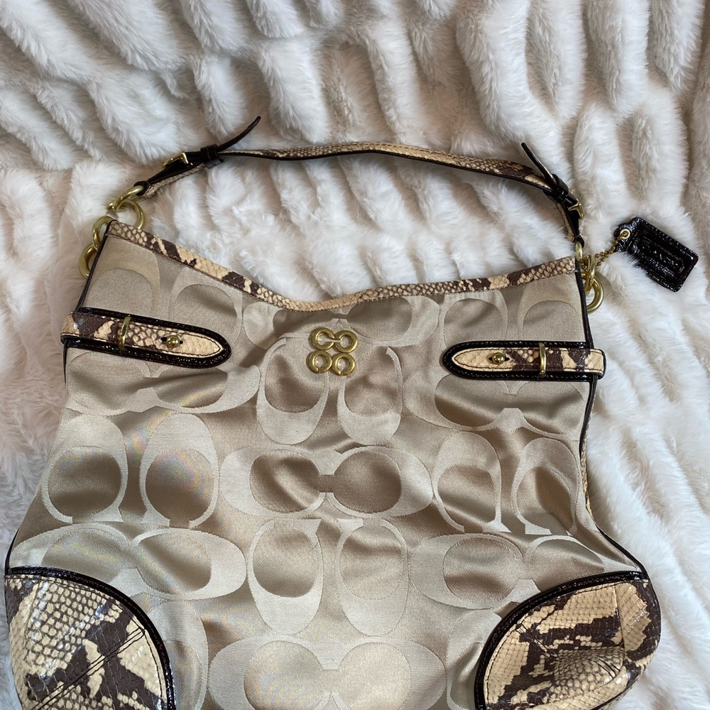 Rare Coach Colette Signature Beige Sateen and Python Leather Hobo Bag
